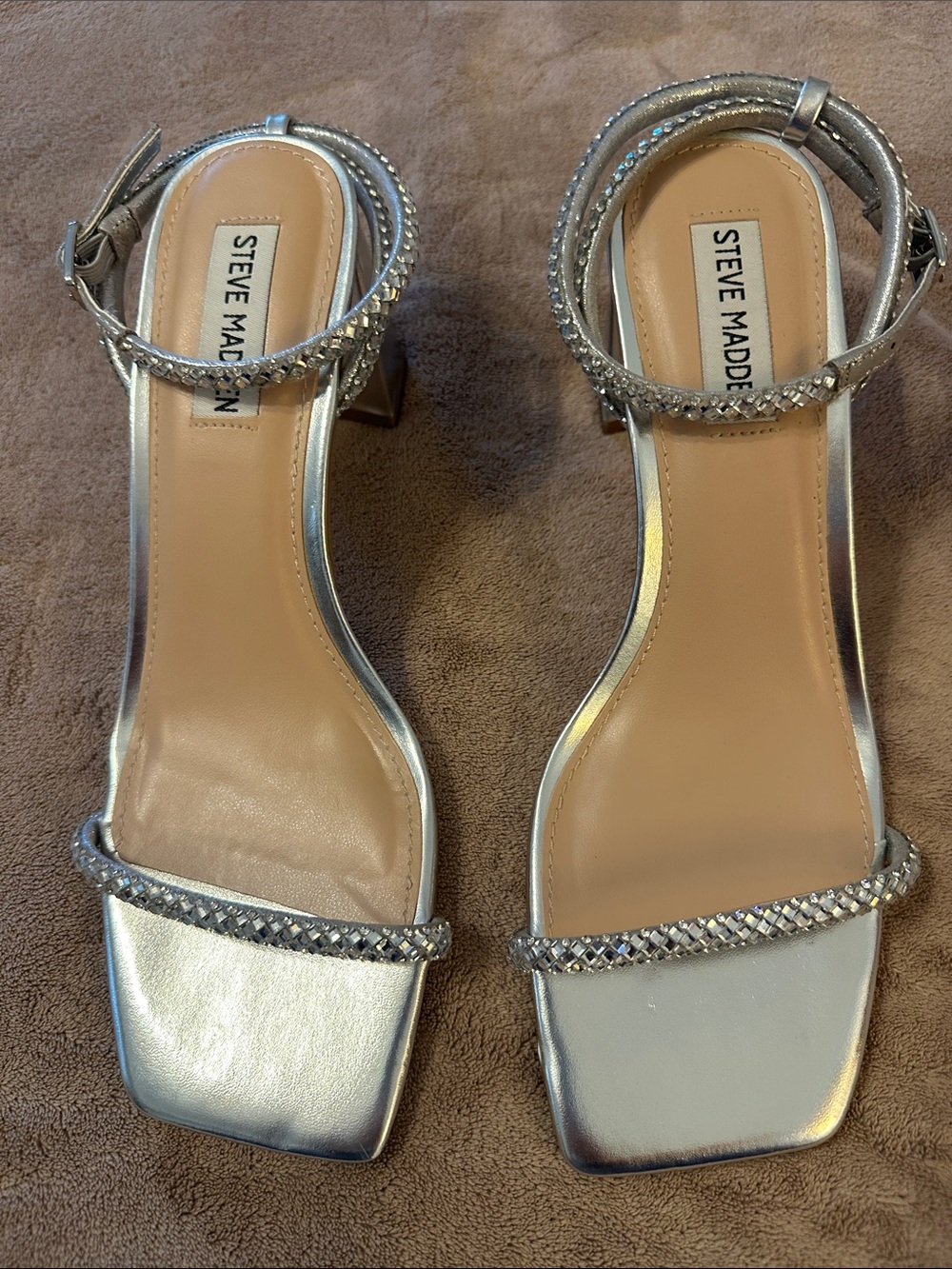 Steve Madden Special Occasion Rhinestone Block Heel Size 8 Silver Sandals